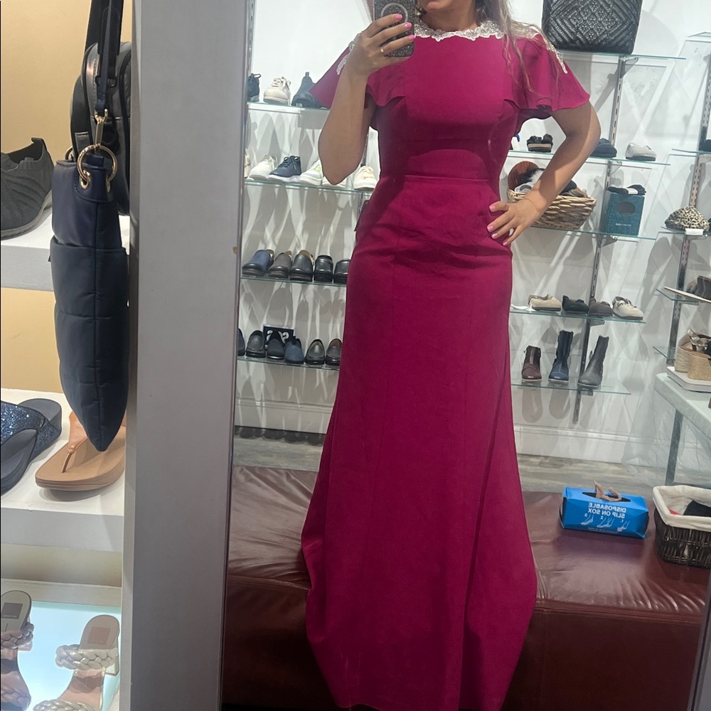 Fuchsia Lace-Trim Flutter Sleeve Maxi Dress